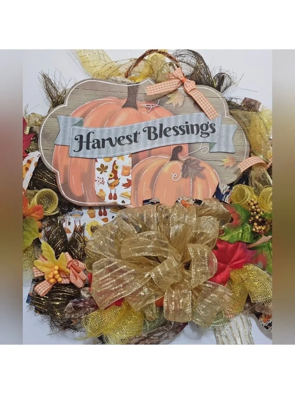 Hand Crafted handmade holiday wreath Harvest Blessings Gnome fabric plaid ribbon